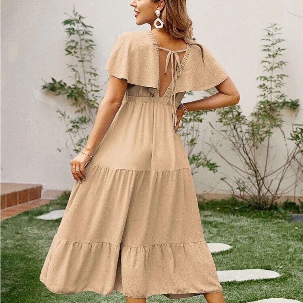 NWT Simplee Flutter Sleeve V-Neck Tiered Midi Dress - Fairycore Tan